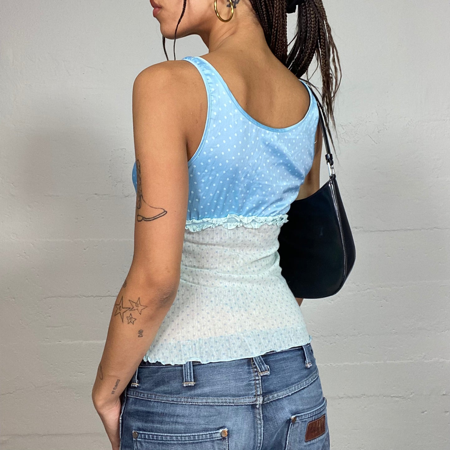 Vintage 2000's Babydoll Blue Polka Dots Top with Mesh Bottom Part (S/M)
