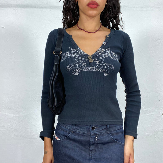 Vintage 90's Downtown Girl Blue Longsleeve Top with Print and Button Up Neckline (S/M)