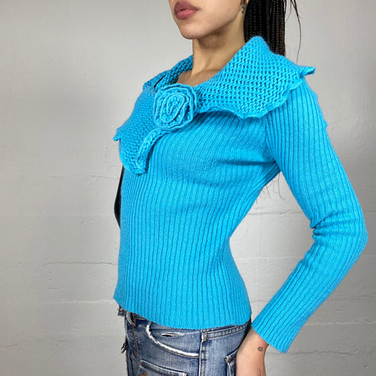 Vintage 2000's Blue Open Collar Jumper With Knitted Rosette Detail (S)