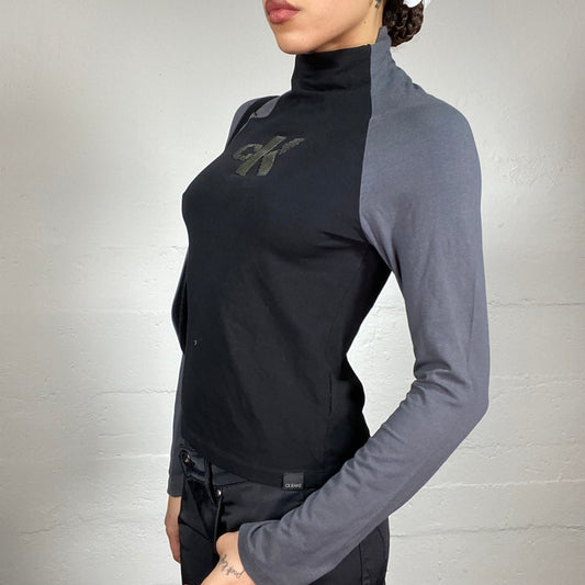 Vintage 2000's Calvin Klein Sporty Grey and Black Highneck Longsleeve Top with Golden Studs "CK" Print (S/M)