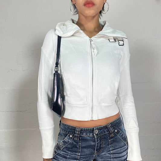 Vintage 2000's Sporty White Zip Up Sweater with Buckle Details (S)