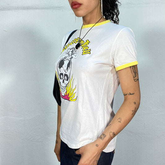 Vintage 2000's Old School Punk White Top with Yellow Contour and "Bikers from Hell" Print (S/M)