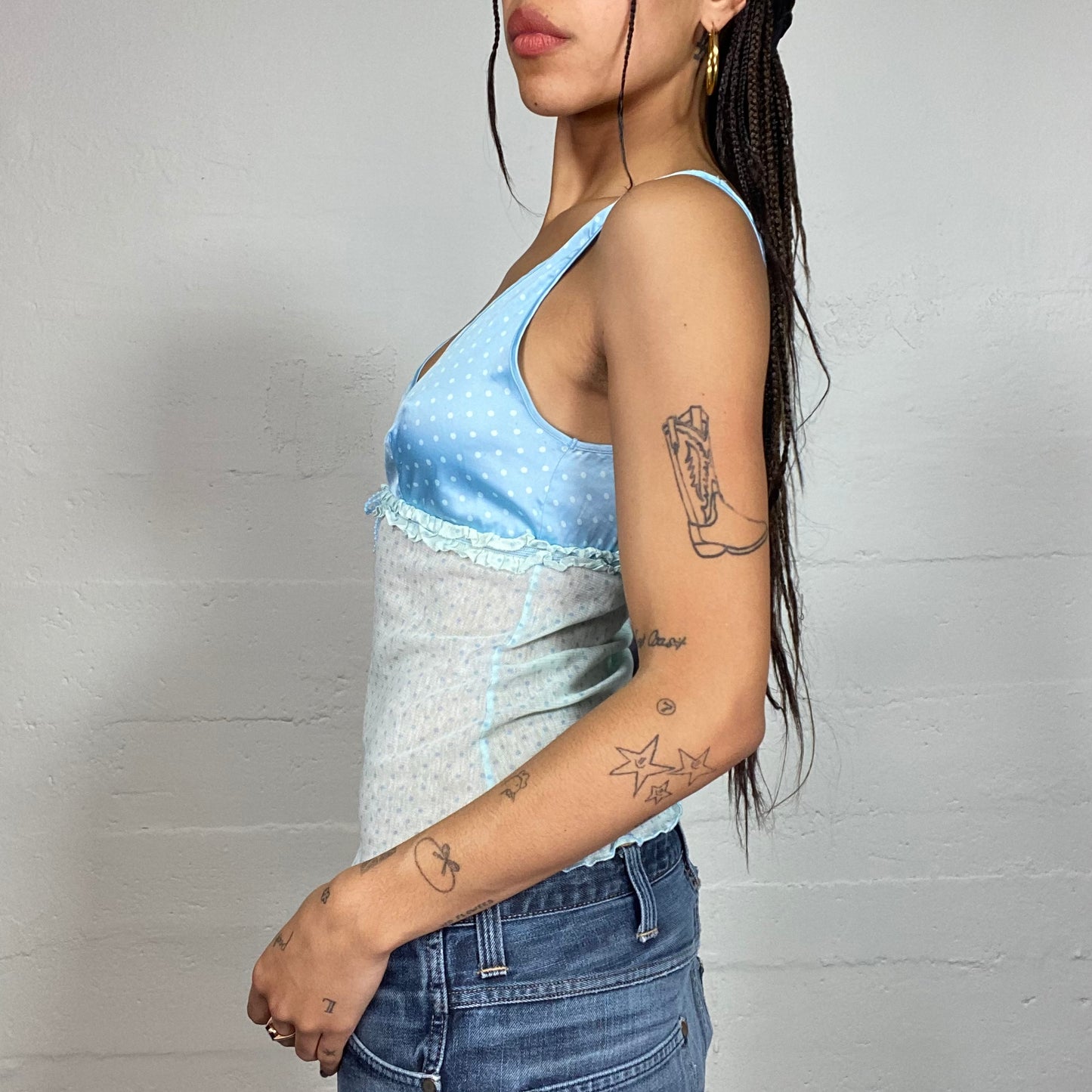 Vintage 2000's Babydoll Blue Polka Dots Top with Mesh Bottom Part (S/M)