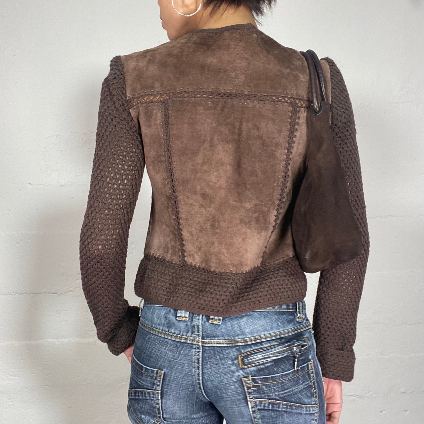 Vintage 2000's Cow Girl Brown Leather Jacket with Crochet Sleeves and Lace Up Detail (S)