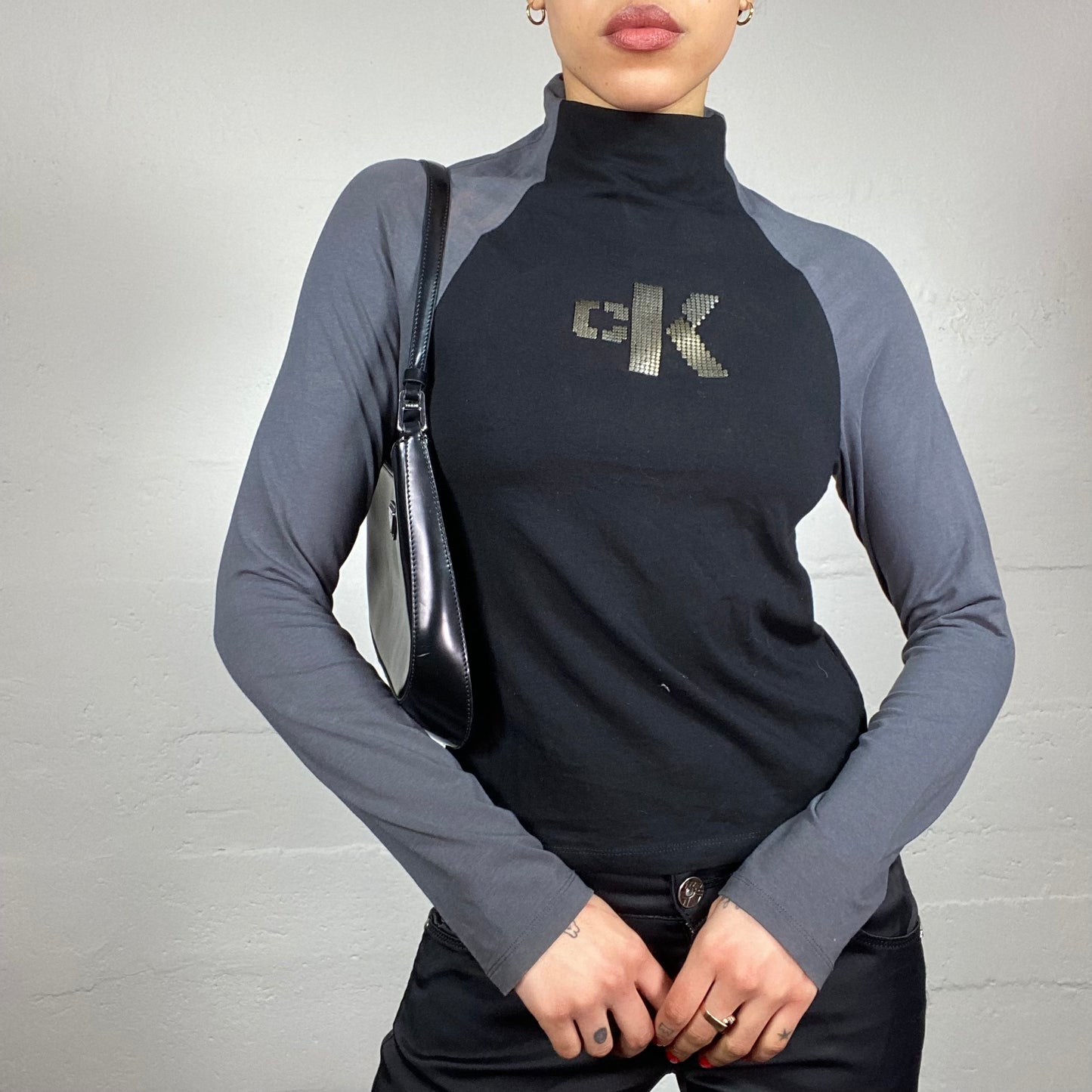 Vintage 2000's Calvin Klein Sporty Grey and Black Highneck Longsleeve Top with Golden Studs "CK" Print (S/M)