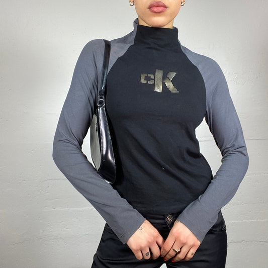 Vintage 2000's Calvin Klein Sporty Grey and Black Highneck Longsleeve Top with Golden Studs "CK" Print (S/M)