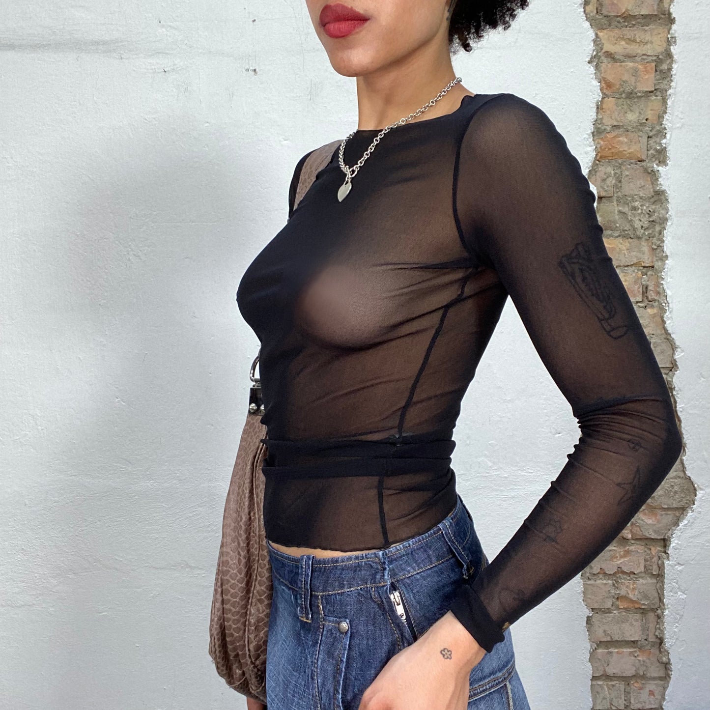 Vintage 2000's Cyber Black Mesh Long Sleeve Top (S)