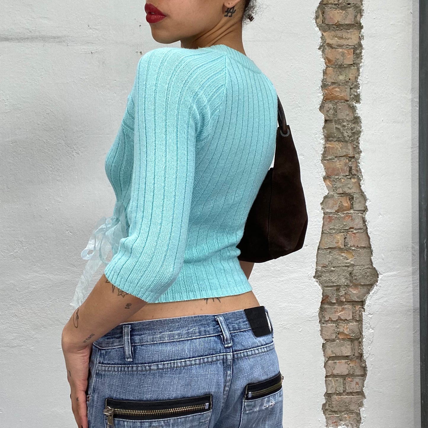 Vintage 2000's Downtown Girl Turquoise Criss Cross Knit Sweater (S)