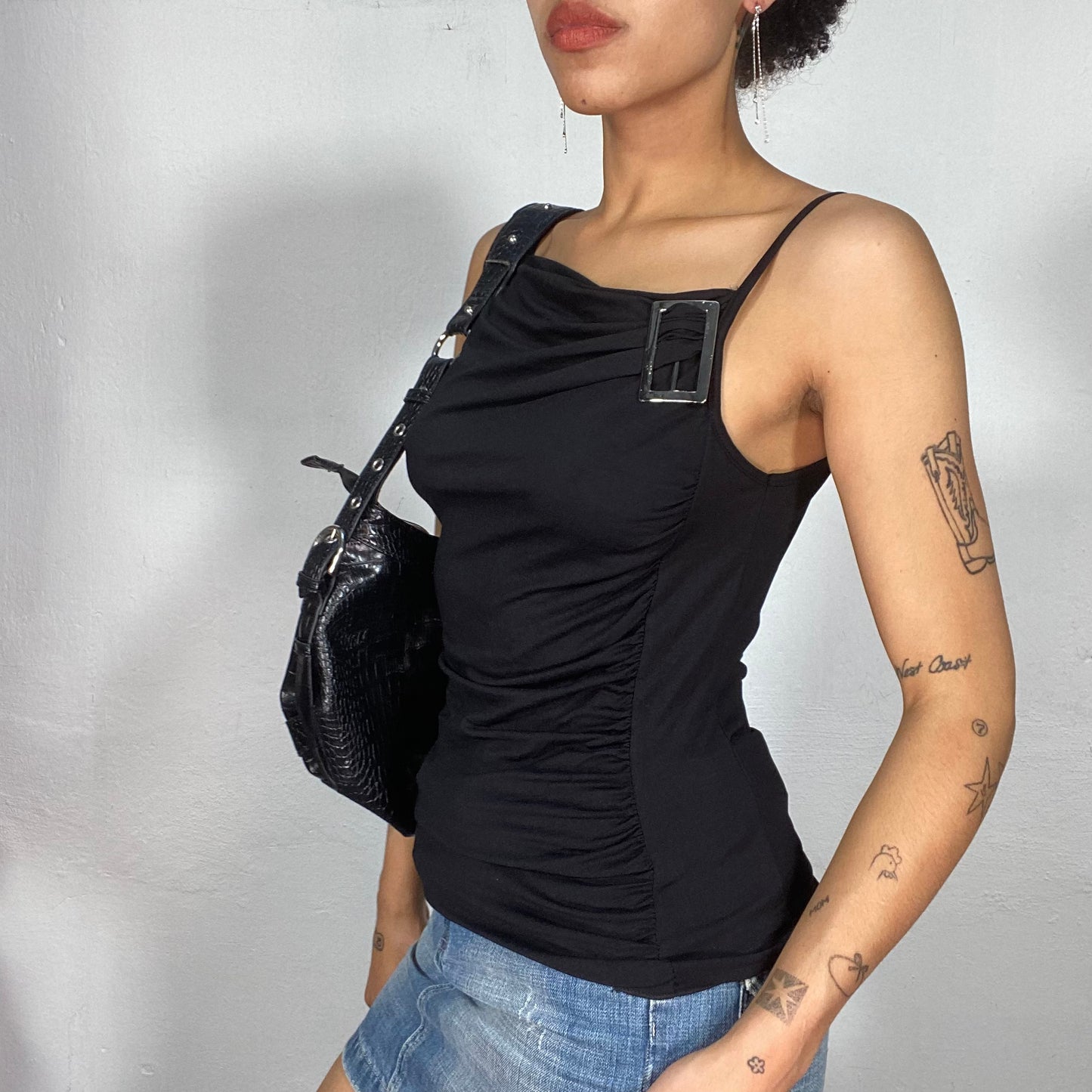 Vintage 2000's Model Off Duty Black High Neck Top with Buckle Detail (S)
