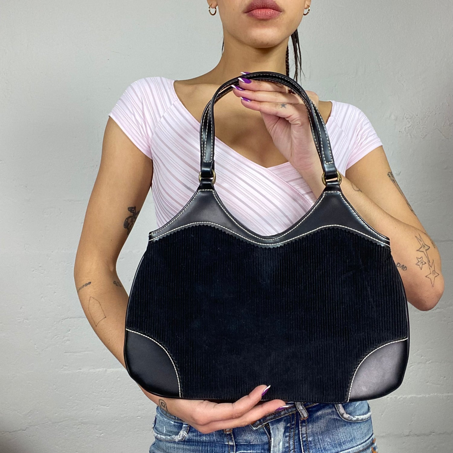 Vintage 2000's Archive Black Shoulder Bag with Faux Suede and