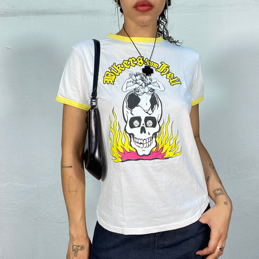 Vintage 2000's Old School Punk White Top with Yellow Contour and "Bikers from Hell" Print (S/M)