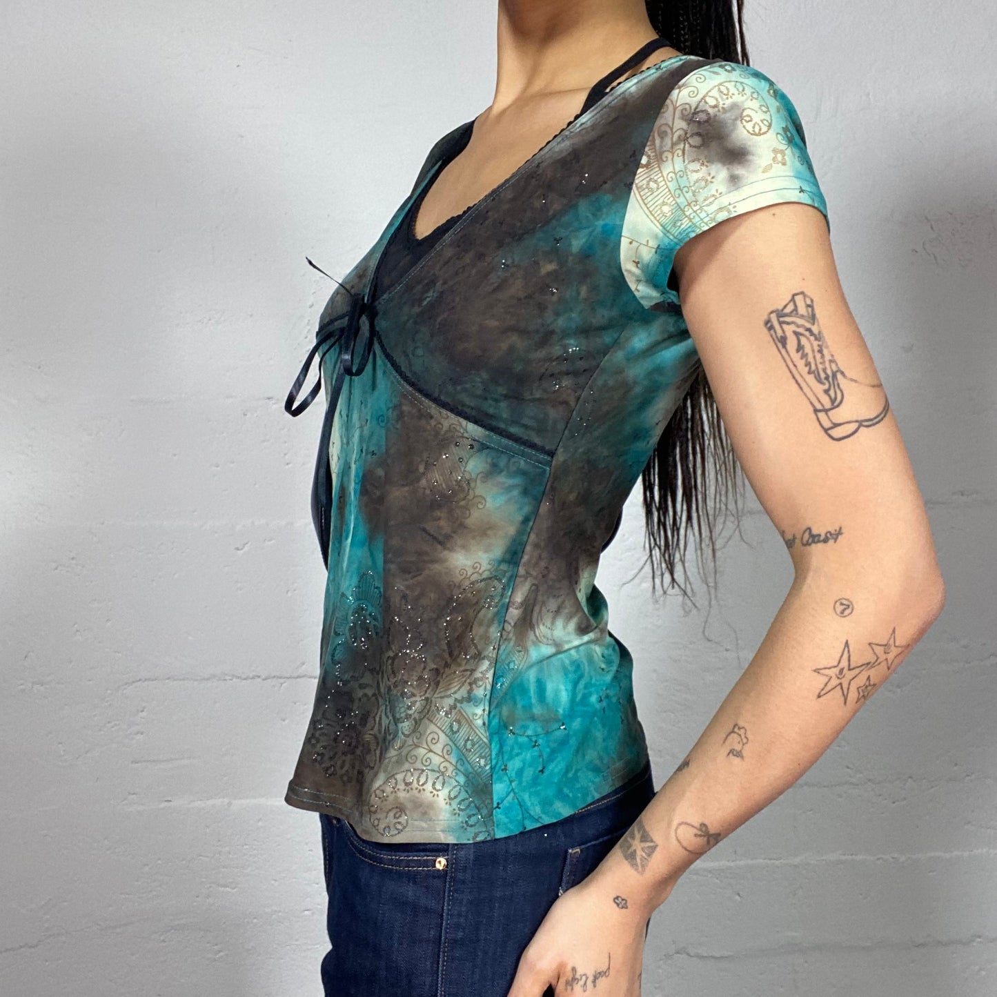 Vintage 2000's Fairy Girl Brown and Blue Tie Dye Top with Mesh Layer Detail (S)