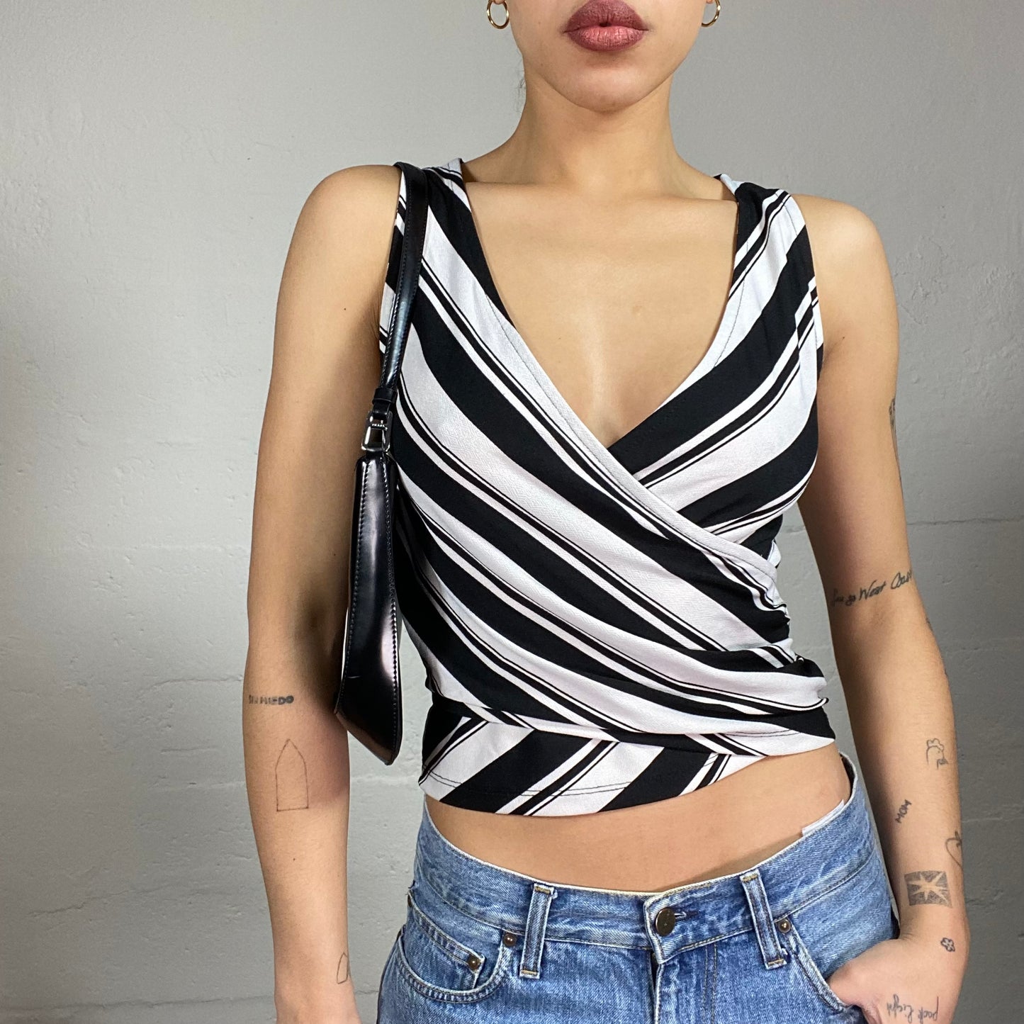 Vintage 2000's Downtown Girl Black & White Wrapped Top with Stripes Print (S)