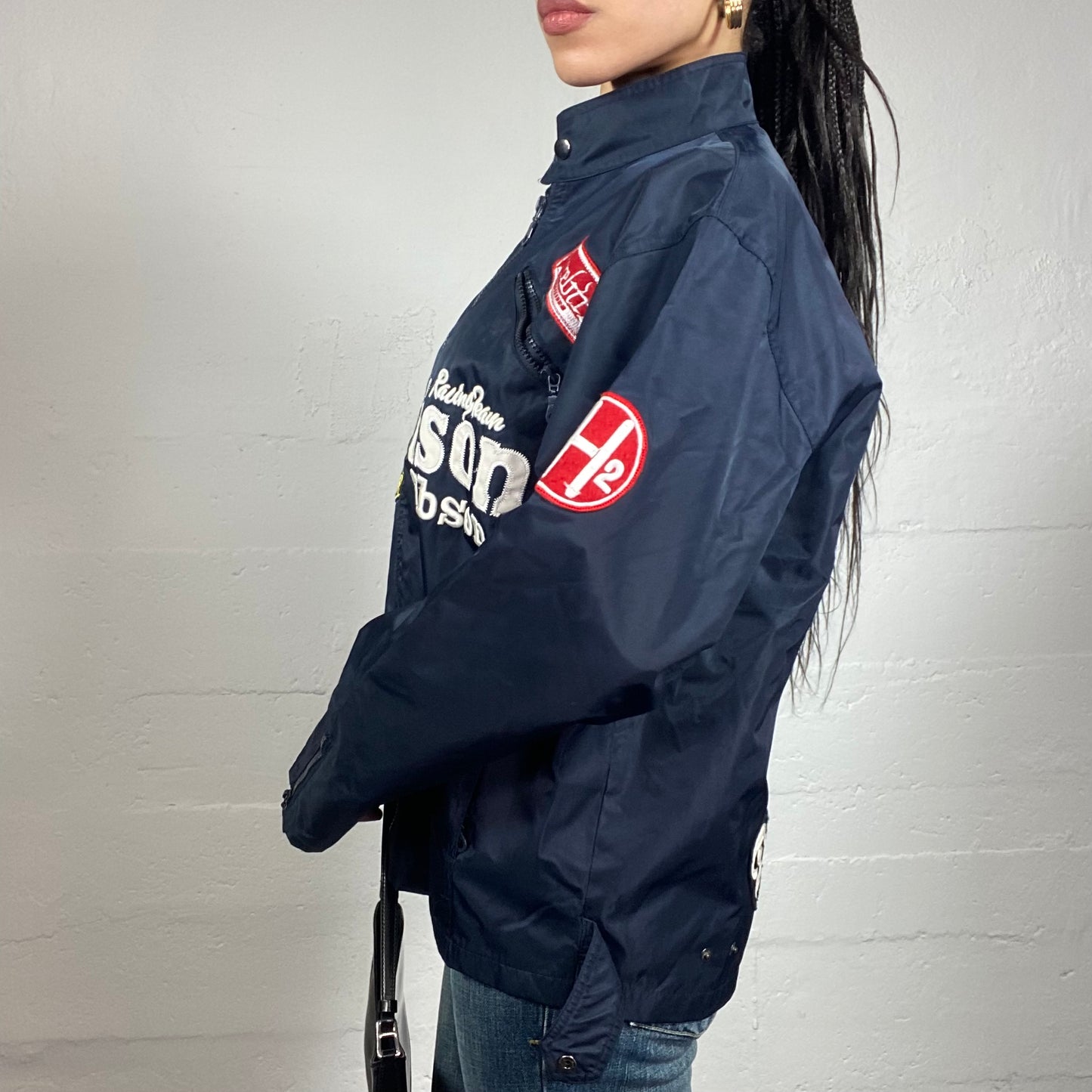 Vintage 90's Harrison Sporty Short Oversized Biker Jacket with Multiple Patches Covering (L)
