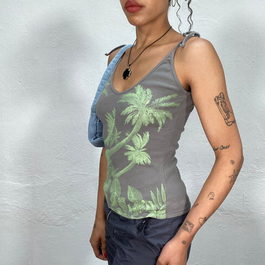 Vintage 2000's Surfer Grey Tank Top with Green Palm Tree Print (S)