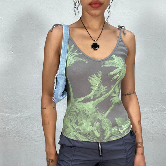 Vintage 2000's Surfer Grey Tank Top with Green Palm Tree Print (S)