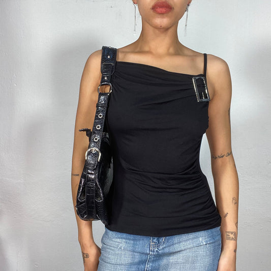 Vintage 2000's Model Off Duty Black High Neck Top with Buckle Detail (S)