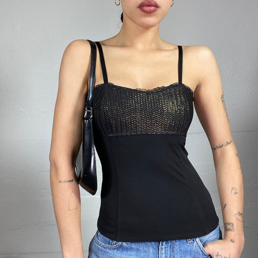 Vintage 2000's Romantic Girl Black Top with Gold Knitted Chest Work Detail (S)
