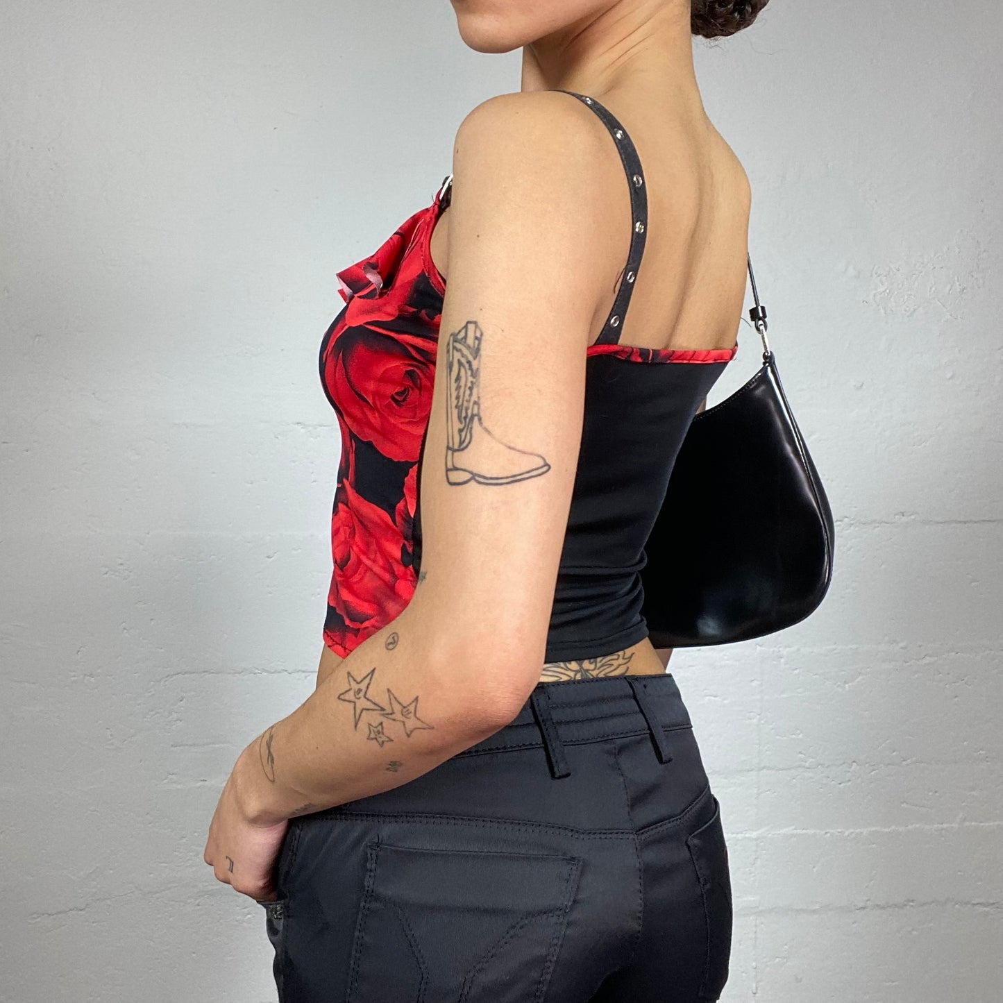 Vintage 2000's Clubwear Black Buckle Straps Top with Red Rose Maxi Print (XS)