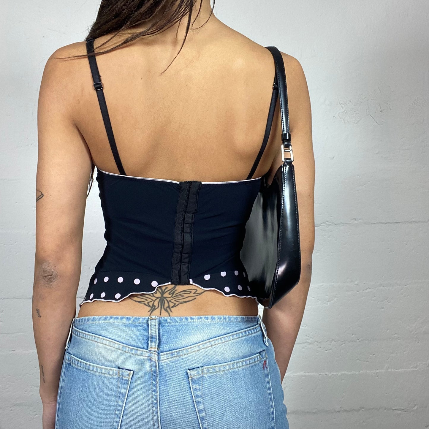 Vintage 2000's Clubwear Black Bustier Top with Pink Polkadots Chest Covering Print  (S)