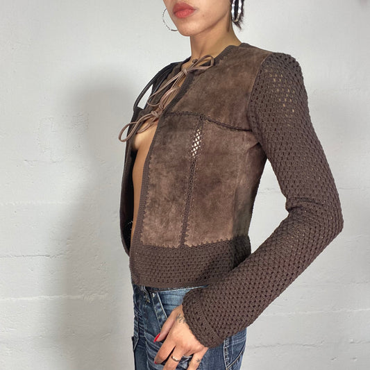 Vintage 2000's Cow Girl Brown Leather Jacket with Crochet Sleeves and Lace Up Detail (S)