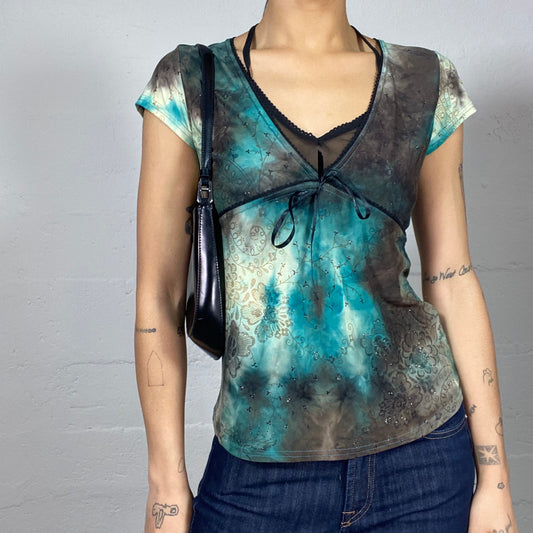 Vintage 2000's Fairy Girl Brown and Blue Tie Dye Top with Mesh Layer Detail (S)