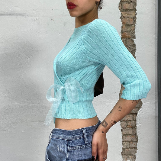 Vintage 2000's Downtown Girl Turquoise Criss Cross Knit Sweater (S)
