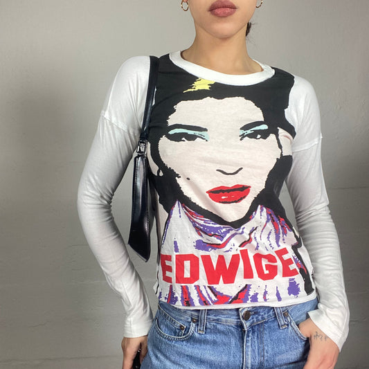 Vintage 2000's Fiorucci Girl Pop White Longsleeve Top with Girl Portrait Print (S/M)