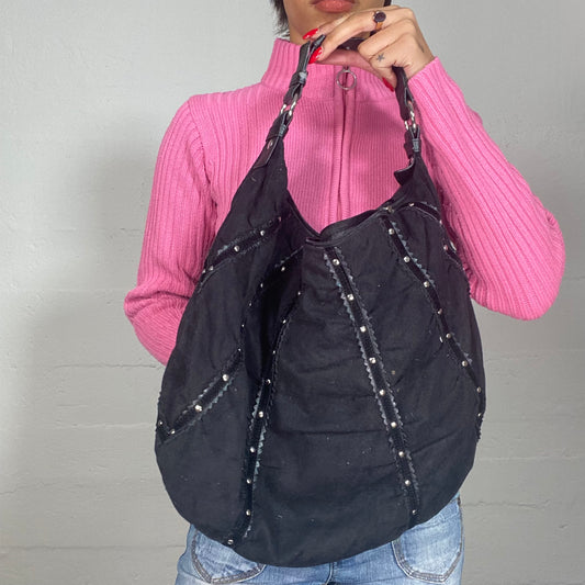 Vintage 90's Archive Black Leather Shoulder Bag with Sequins Trim Detail