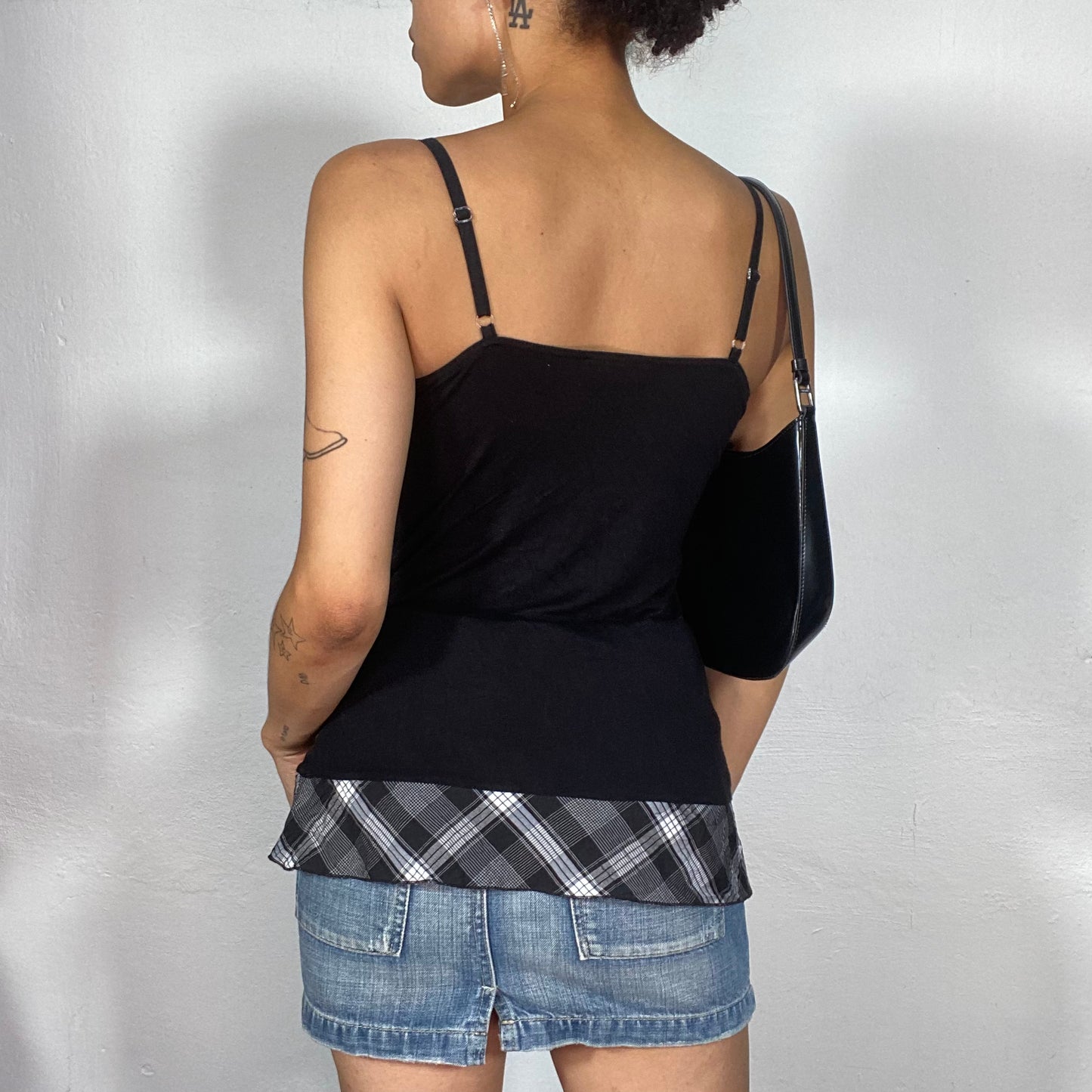 Vintage 2000's Downtown Girl Black and Plaid Top with Lace Up Detail (S)