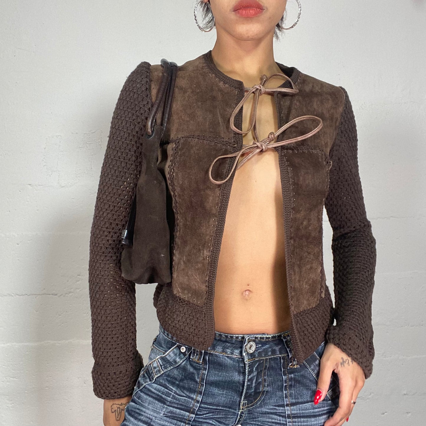 Vintage 2000's Cow Girl Brown Leather Jacket with Crochet Sleeves and Lace Up Detail (S)