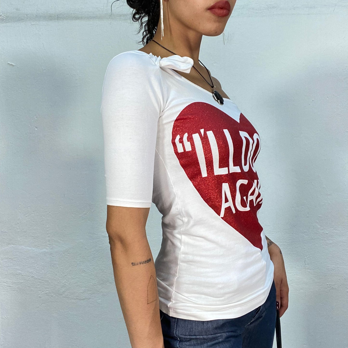 Vintage 2000's Downtown Girl White One Shoulder Top with Glittery Red Heart "I'll do it again" Print (S)