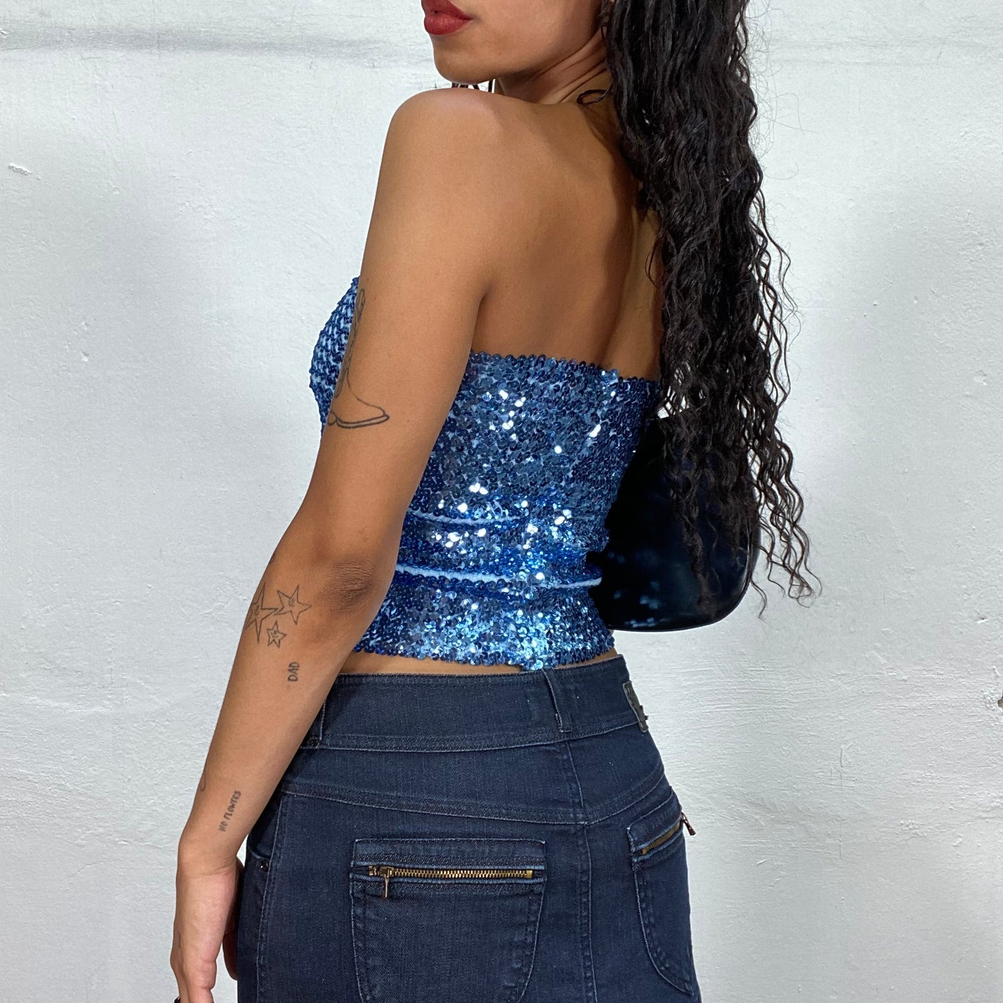 Vintage 2000's Clubwear Aqua Blue Bandeau Top with Sequins (S)