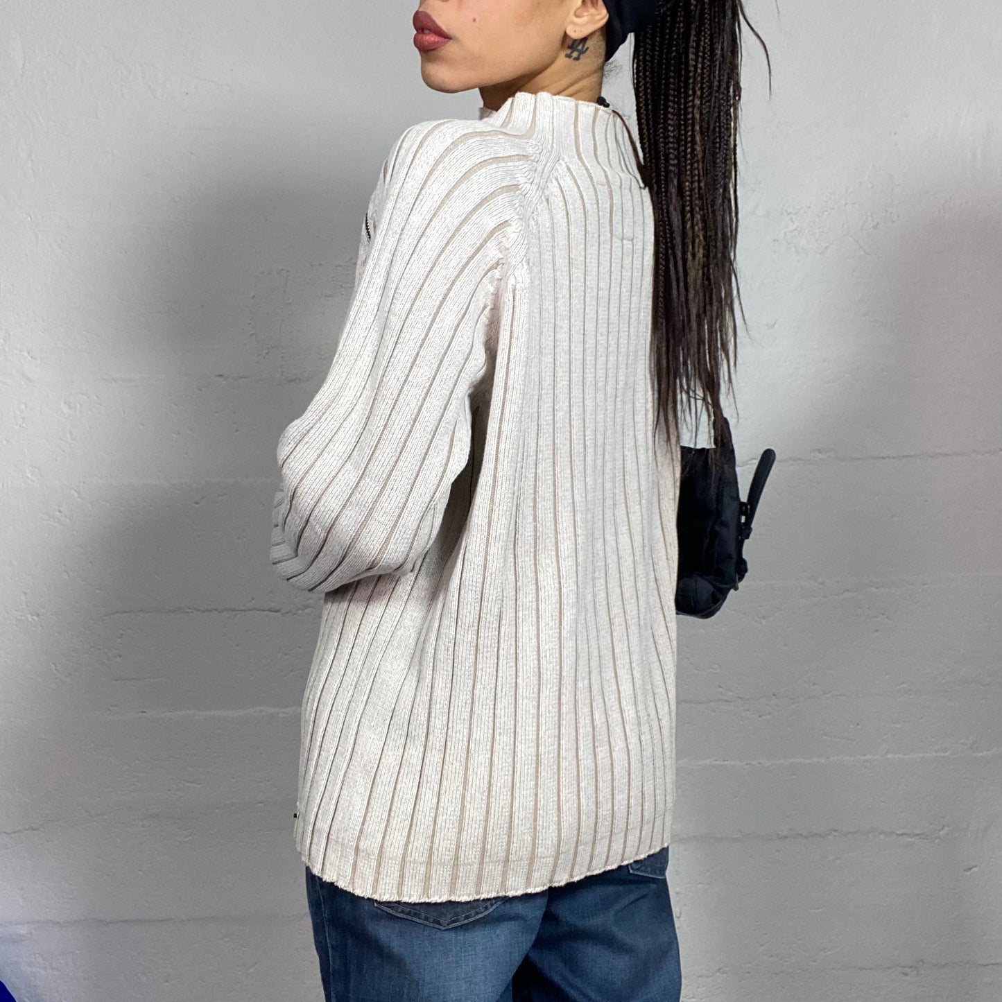 Vintage 90's Cyber Off White High Neck Knit Sweater with side Zip Up Detail (L)