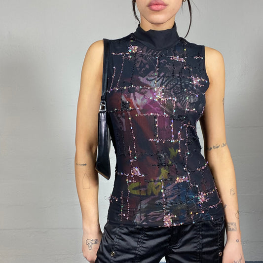 Vintage 2000's Twin Set English It Girl Black Turtleneck Top with Printed Background and Sequins Detail (XS)