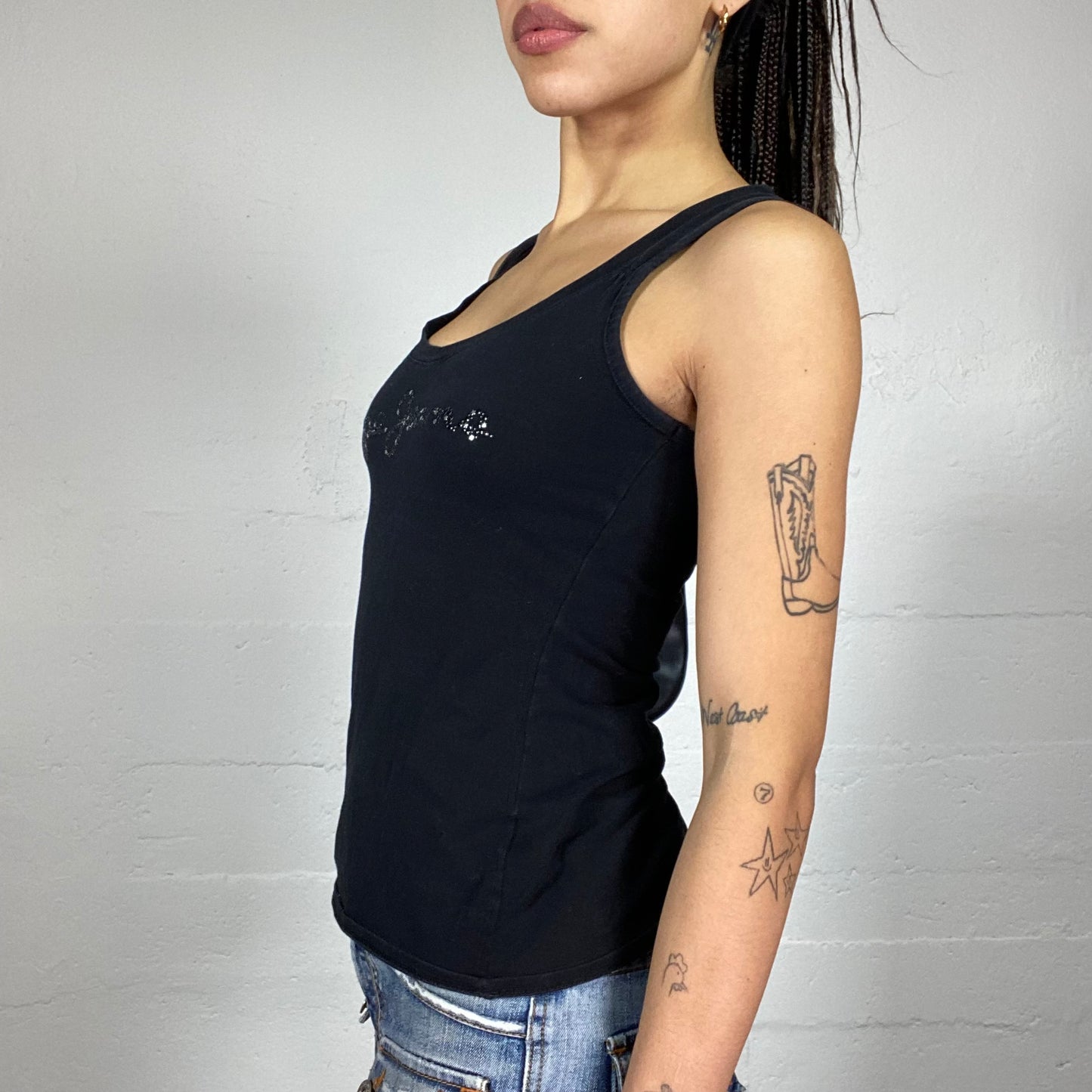 Vintage 90's Pepe Jeans Model Off Duty Black Top with Strass Brand Name (S)