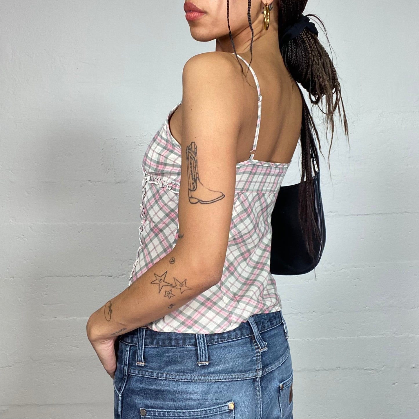 Vintage 2000's Cottage Girl Pastel Pink and Beige Checkered Print Top (S)