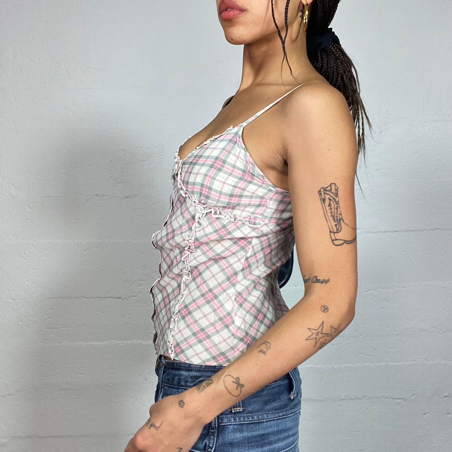 Vintage 2000's Cottage Girl Pastel Pink and Beige Checkered Print Top (S)
