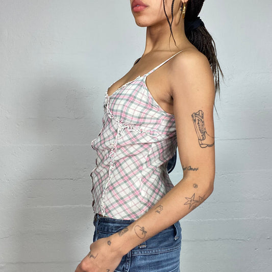 Vintage 2000's Cottage Girl Pastel Pink and Beige Checkered Print Top (S)