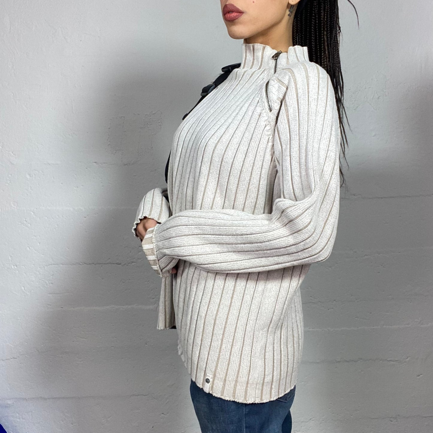 Vintage 90's Cyber Off White High Neck Knit Sweater with side Zip Up Detail (L)