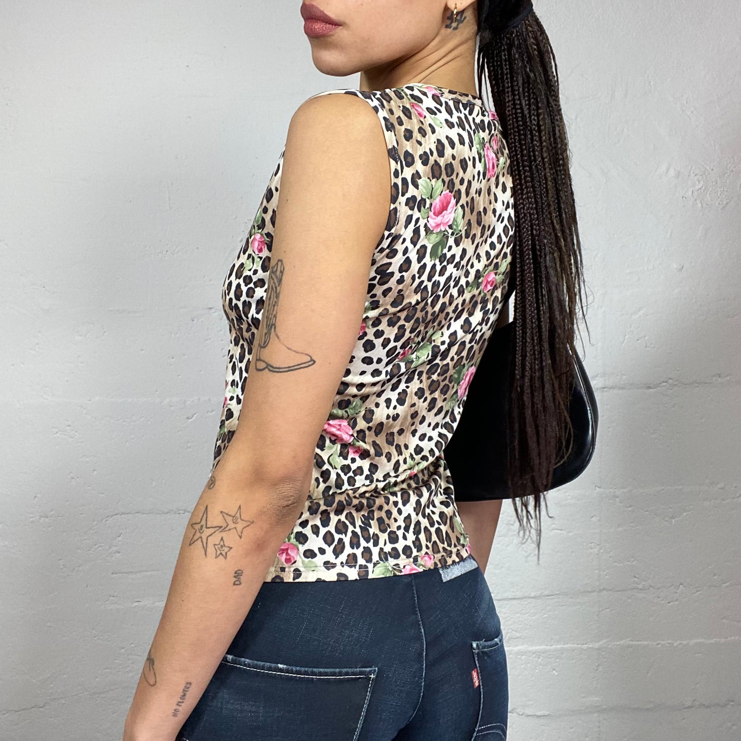 Vintage 90's Janice Brown Top with Cheetah and Pink Roses Print (S)