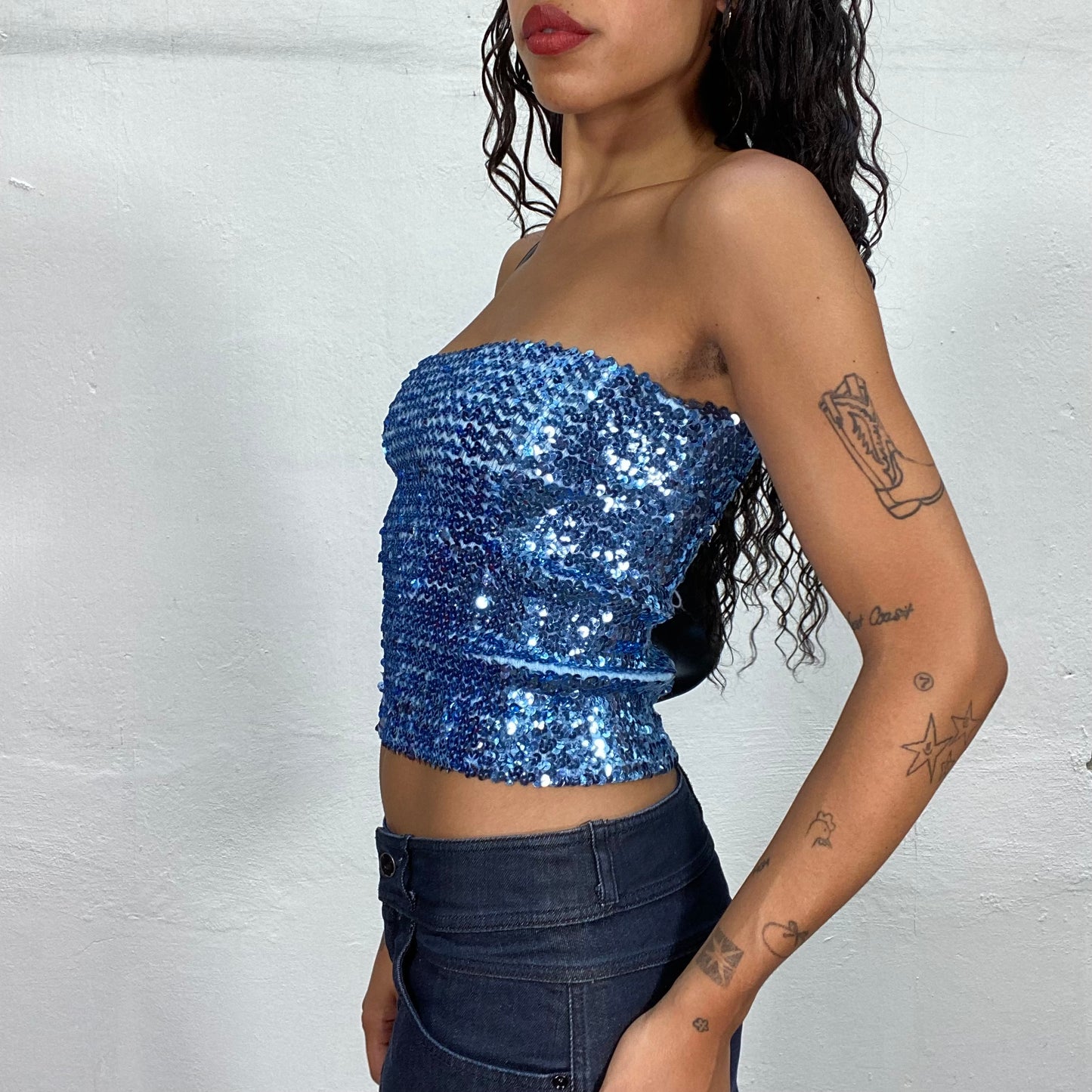 Vintage 2000's Clubwear Aqua Blue Bandeau Top with Sequins (S)