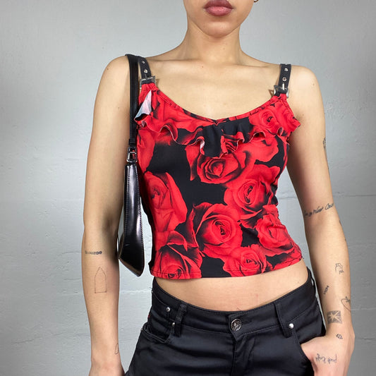 Vintage 2000's Clubwear Black Buckle Straps Top with Red Rose Maxi Print (XS)