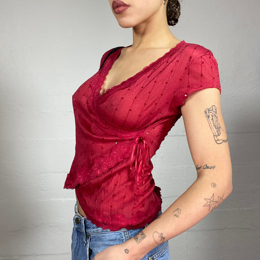 Vintage 2000's Romantic Girl Red Wrapped Top with Sequins Detail (S)