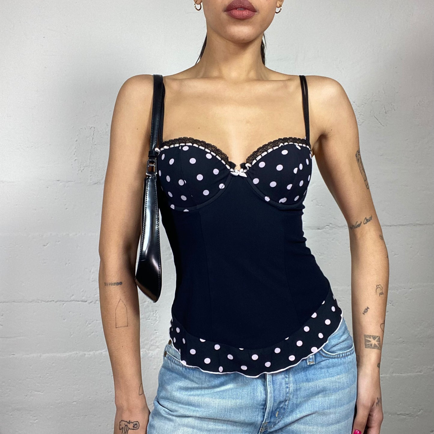 Vintage 2000's Clubwear Black Bustier Top with Pink Polkadots Chest Covering Print  (S)