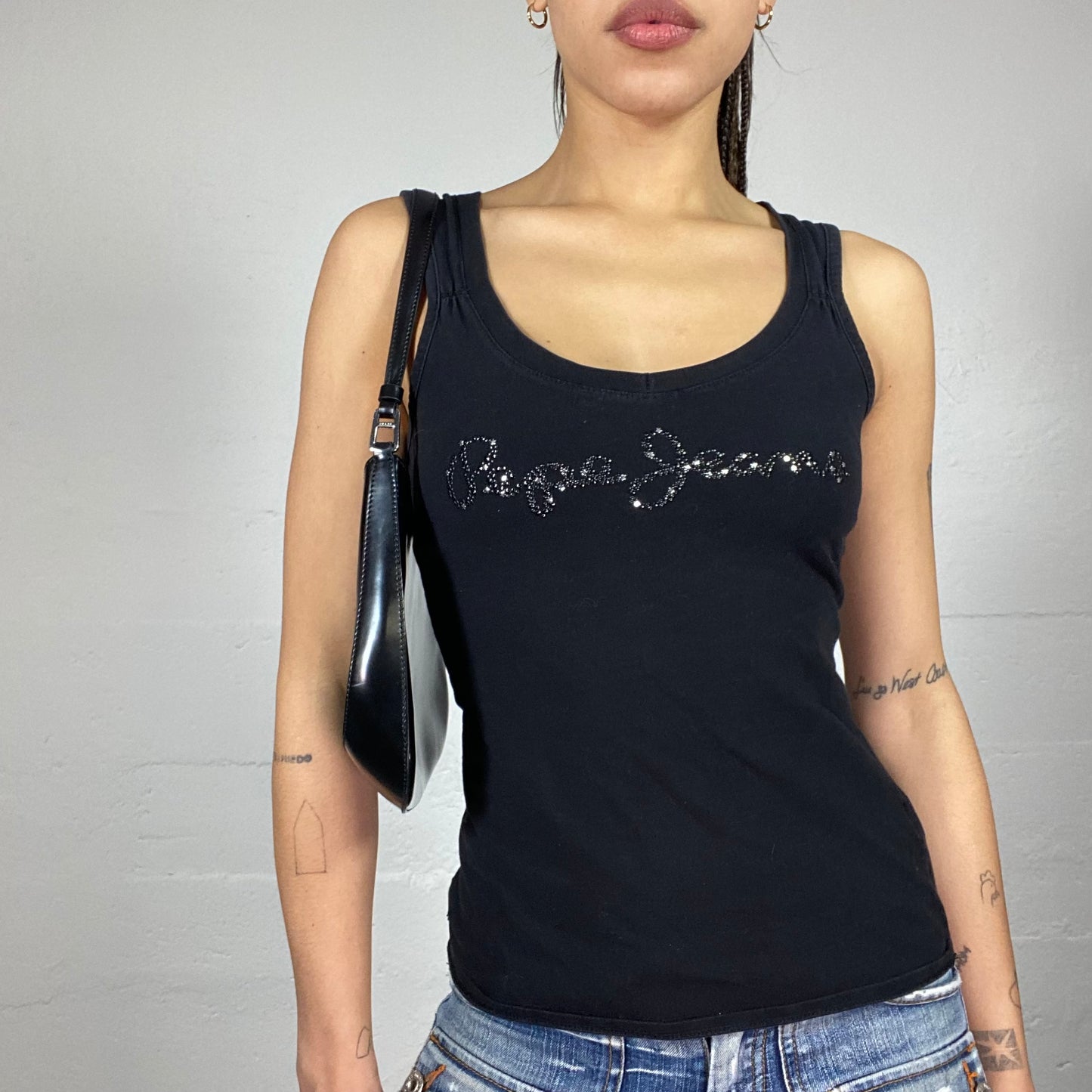 Vintage 90's Pepe Jeans Model Off Duty Black Top with Strass Brand Name (S)