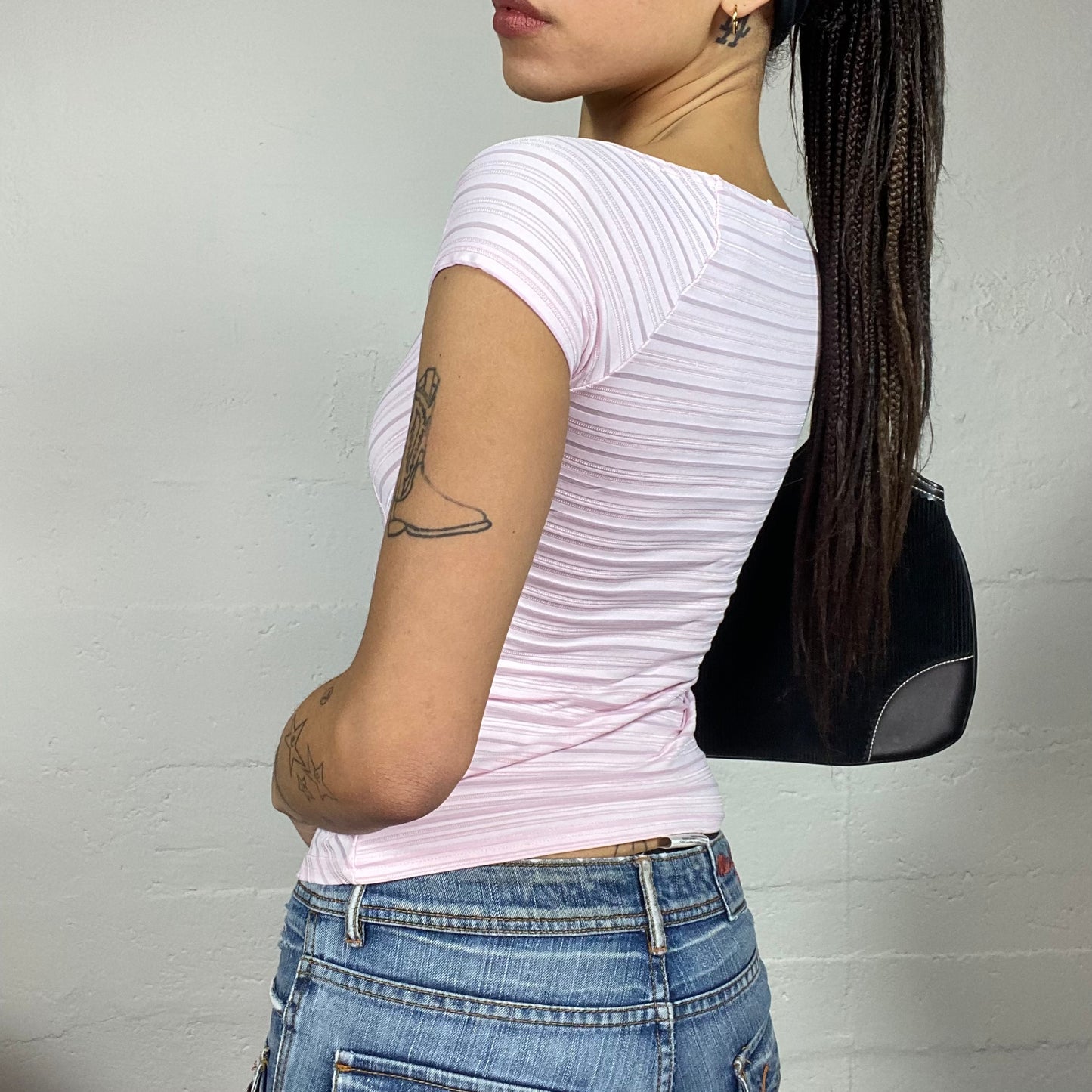 Vintage 2000's Downtown Girl Pink Wrapped Top with Stripes Print (S)