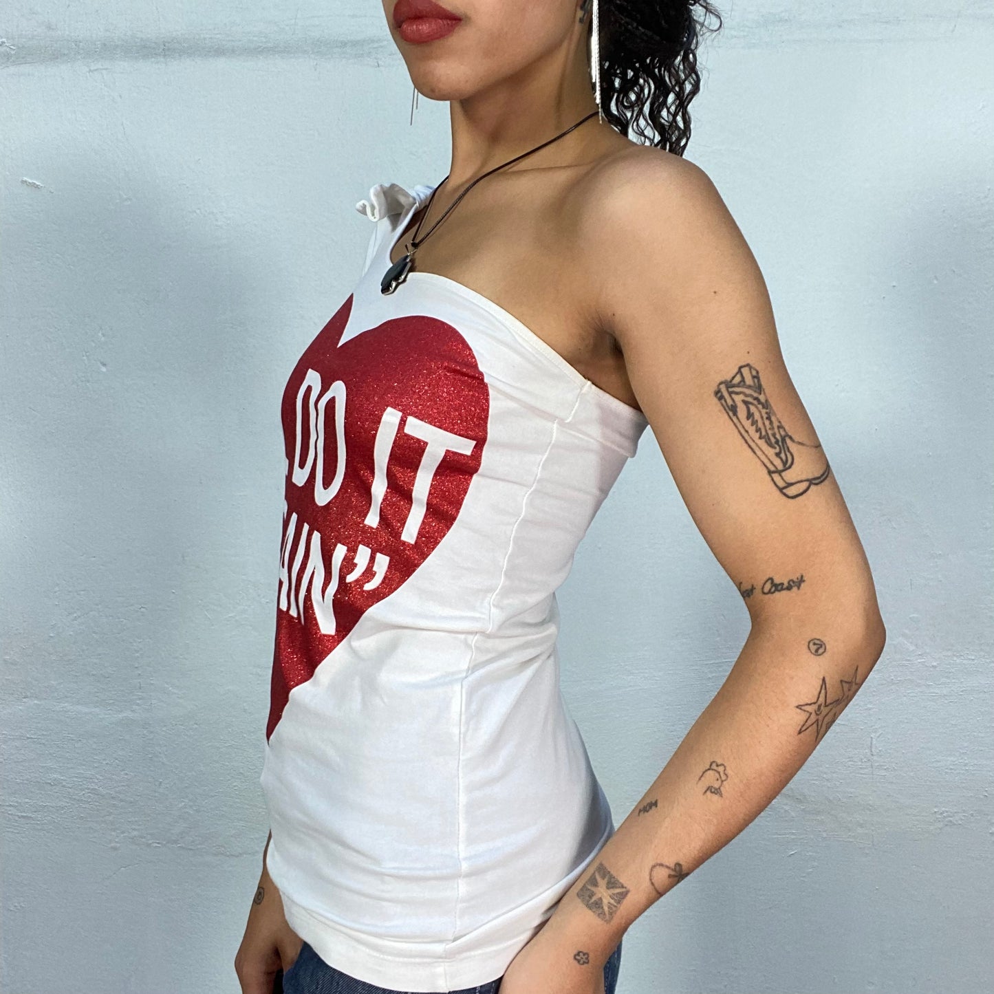 Vintage 2000's Downtown Girl White One Shoulder Top with Glittery Red Heart "I'll do it again" Print (S)