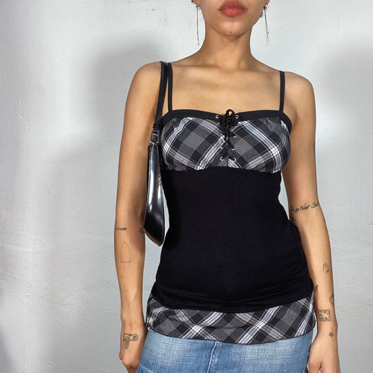 Vintage 2000's Downtown Girl Black and Plaid Top with Lace Up Detail (S)