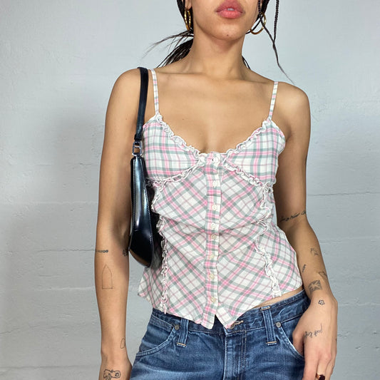 Vintage 2000's Cottage Girl Pastel Pink and Beige Checkered Print Top (S)